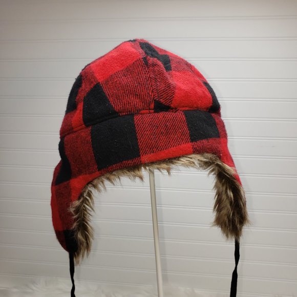Free Authority Trapper Wool Blend Faux Fur Winter Cap Hat Red & Black Plaid EUC - Picture 3 of 8